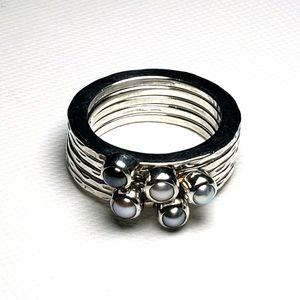 Five Colored Pearl Stacking Silver Rings Set 925